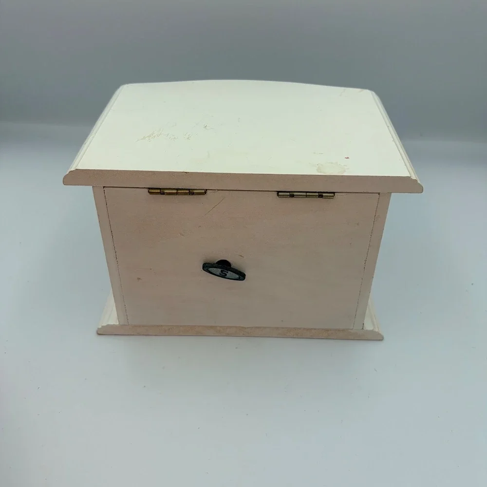 Vintage White Wooden Ballerina Musical Jewelry Box Wind Up Dresser Style